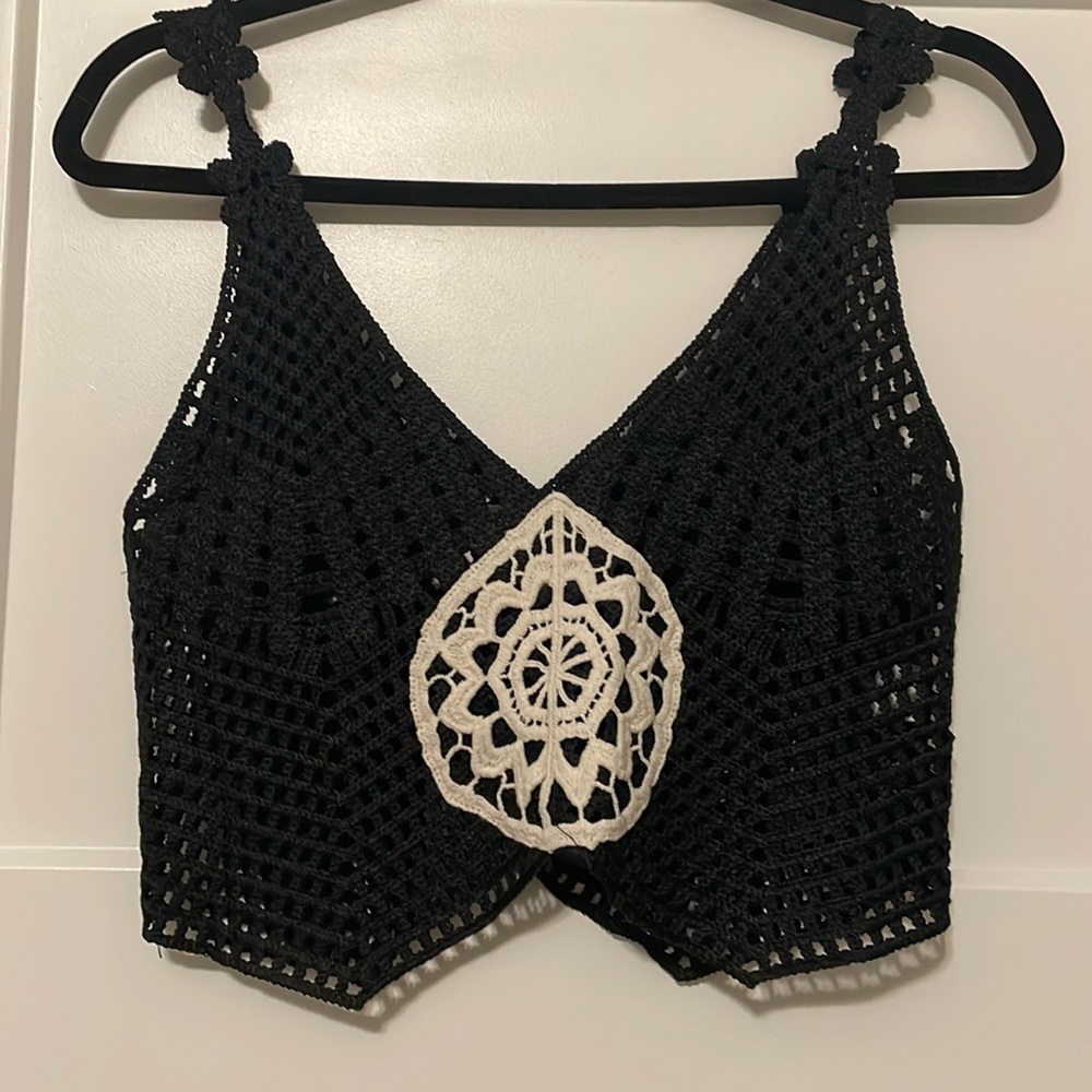 LF Native Rose Black Cream Crochet Crop Top